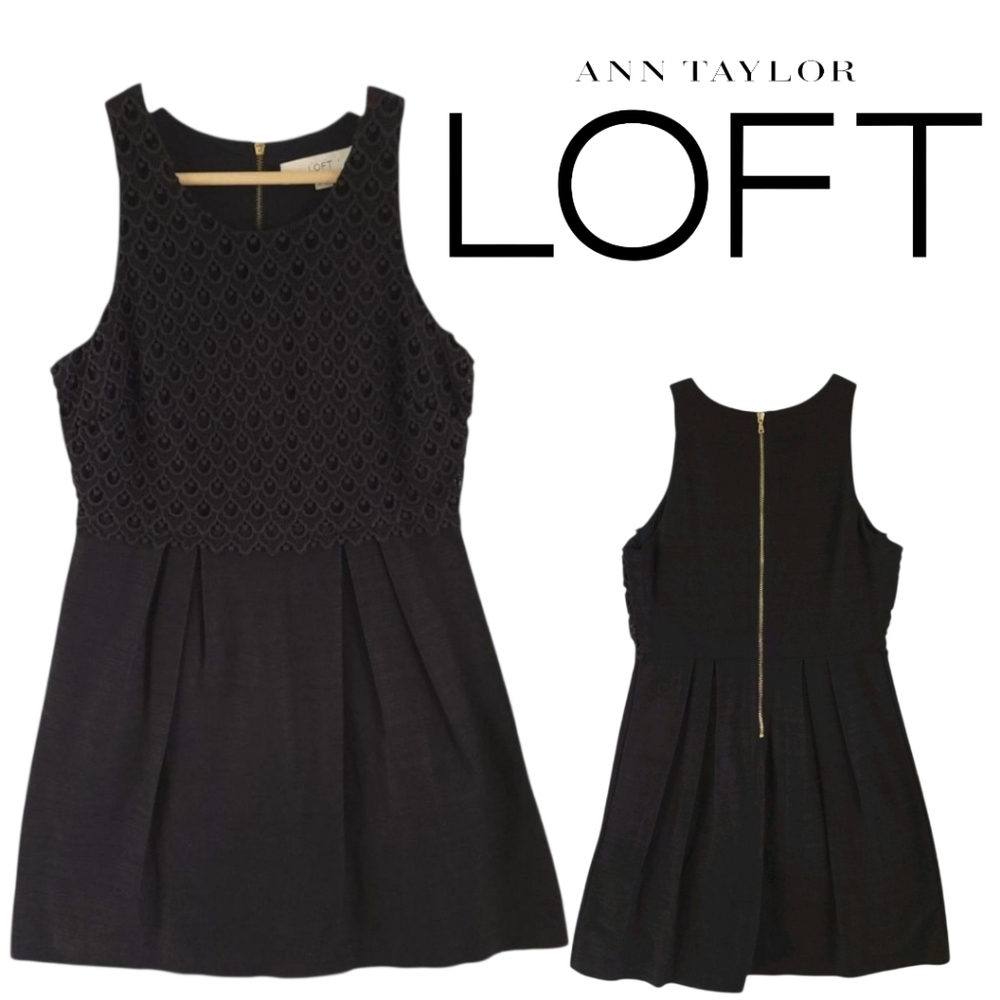 LOFT Linen Blend Fit & Flare Black Sleeveless Mini Dress  Pleated Skirt Sz 2P